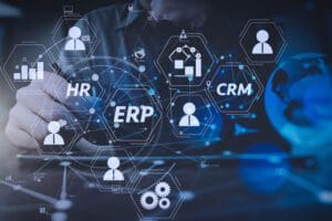 HR, ERP and CRM text surrounded by hexagons