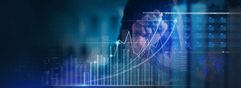 Businessman working with modern computer virtual dashboard analyzing finance sales data and economic growth graph chart and block chain technology.