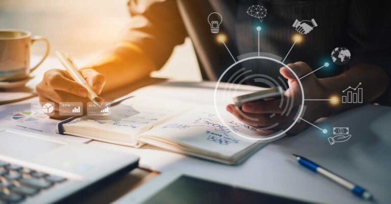 Businessman working on project for SWOT analyzing company financial report balance with augmented reality graphics at modern office space. Concept for business, economy, marketing and strategy