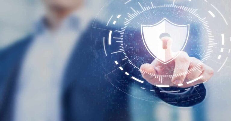 Cybersecurity of digital network systems with computer security engineer touching shield icon. Information technology protected with firewall, secure access and encryption against cyber attacks