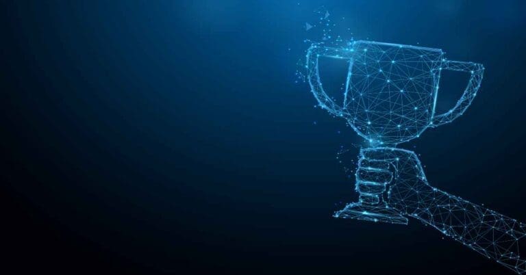 Hand holding trophy cup tophy form lines, triangles and particle style design. Illustration vector