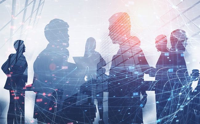 Silhouettes of business people, network
