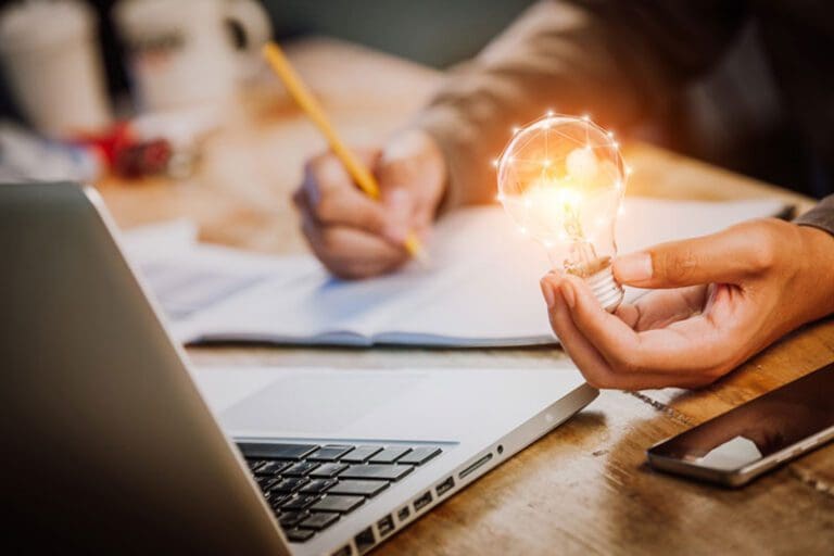 business man accountant holding light bulb, new idea with innovation concept