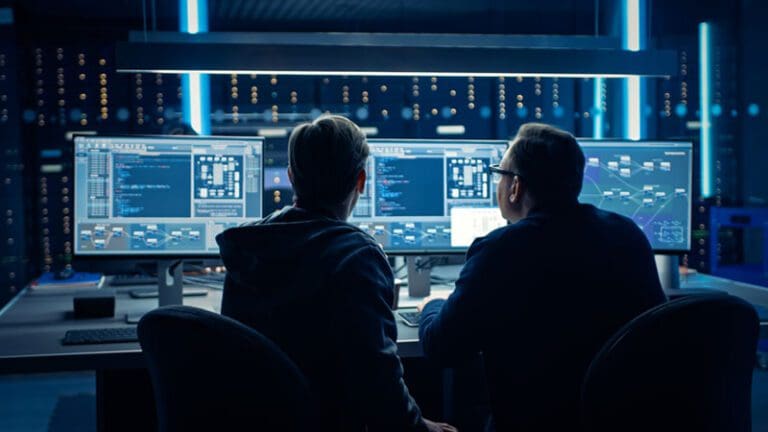 Two Professional IT Programers Discussing Blockchain Data Network Architecture Design and Development Shown on Desktop Computer Display. Working Data Center Technical Department with Server ... See More