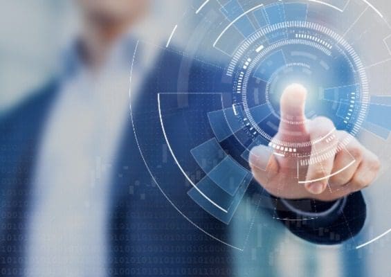 Technology abstract background with person hand touching complex circular diagram on virtual screen with copy-space, innovation, network, big data and internet concept