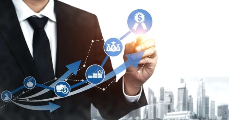 Double Exposure Image of Business and Finance - Businessman with report chart up forward to financial profit growth of stock market investment.