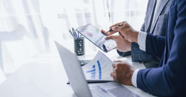 Using tablet pc, Consultant between bookkeepers and accounting lawyer consultation about asset, balance sheet, stock market statistics and yearly tax law, protect business from bribery.