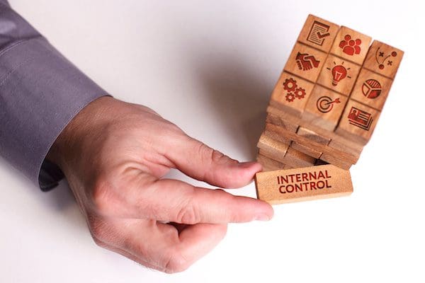 Business, Technology, Internet and network concept. Young businessman shows the word: Internal control