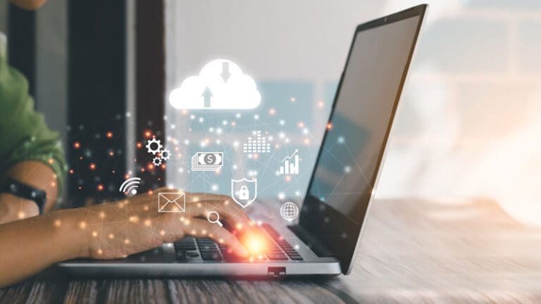 Cloud data storage concept. Human hand using laptop with virtual popup icon of cloud computing, wifi, money, data and lock security Communication of business and ... See More