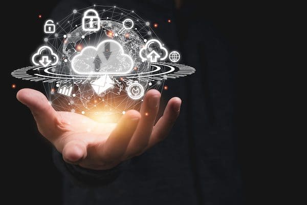 Hand holding virtual cloud computing with world and technology item such as upload download. Cloud technology management big data include business strategy , customer.
