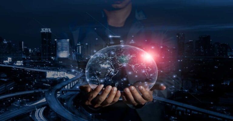 Businessman holding in hands with 3D graphic model of globe for global network connection and technology communication concept