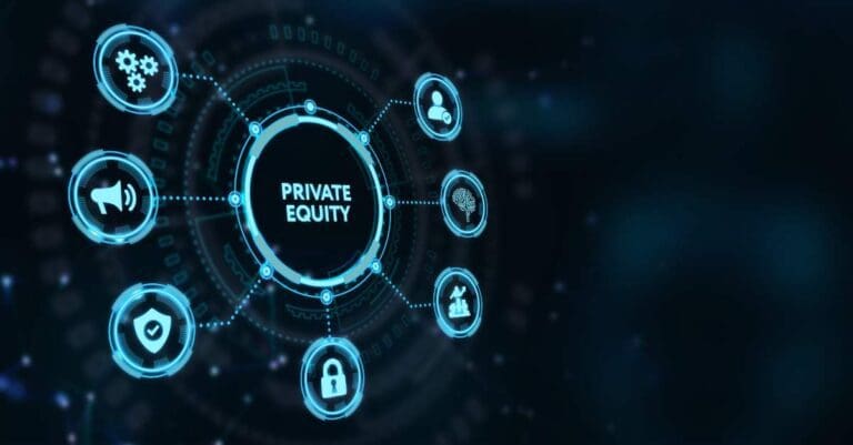 Business, Technology, Internet and network concept. Young businessman shows the word on the virtual display of the future: private equity