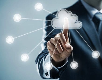 Man touching a graphic image of cloud