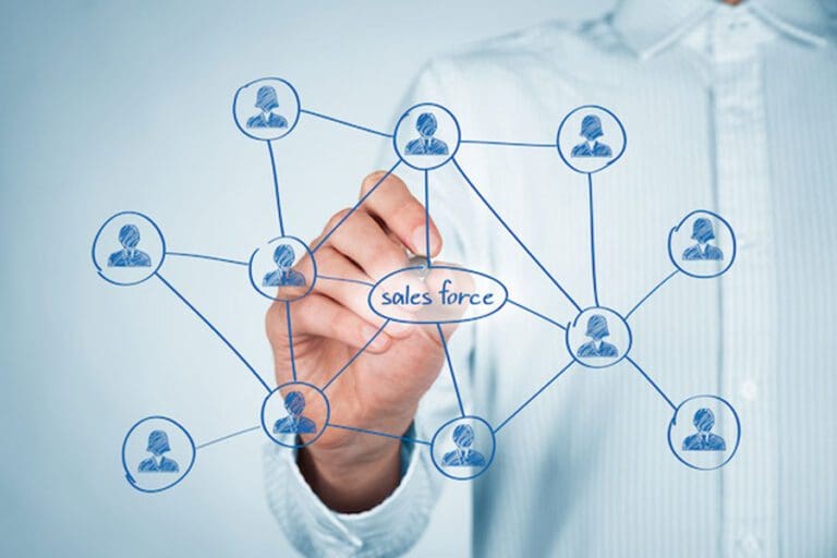 Sales force concept. Businessman draw sales force team scheme.