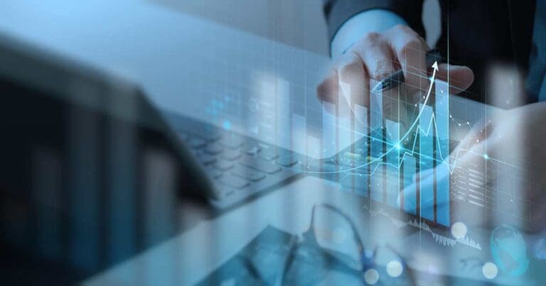Businessman working with modern computer calculator virtual dashboard analyzing finance sales data and economic growth graph chart and account report technology.