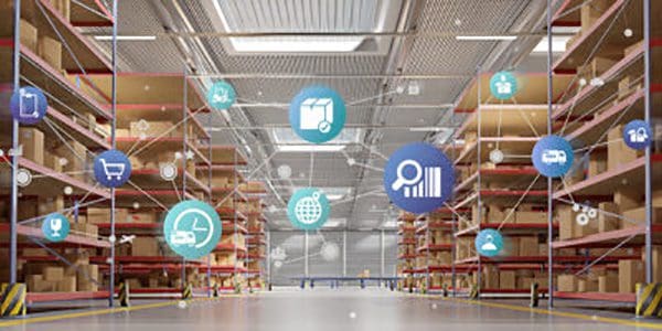 Back office storage with shipping icons floating on page
