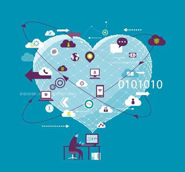 Graphic heart with technology images in and around it